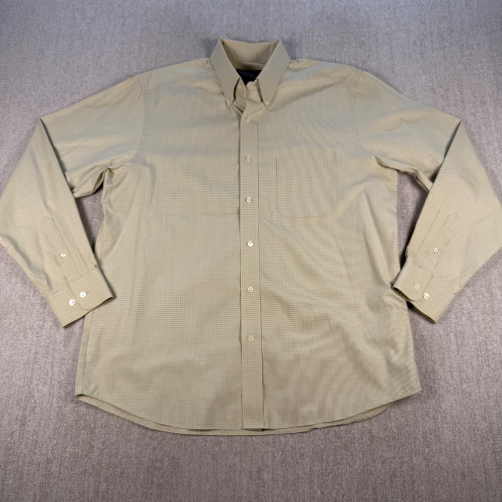 Eddie Bauer Button Down Shirt Mens L Tan Blue Micro Check Long Sleeve